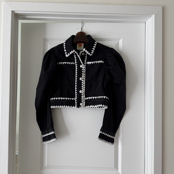 Farm Rio Black Romantic Crochet Embroidery Puff Sleeve Denim Jacket - Picture 4 of 9